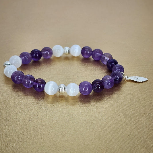 Bracelet Bienveillance d'Ines - Améthyste - Sélénite - Argent Fée de Laurier