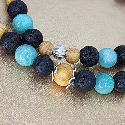 Bracelet Equilibre Energétique - Argent - Palo Santo - Amazonite - Lave & Cristal Fée de Laurier