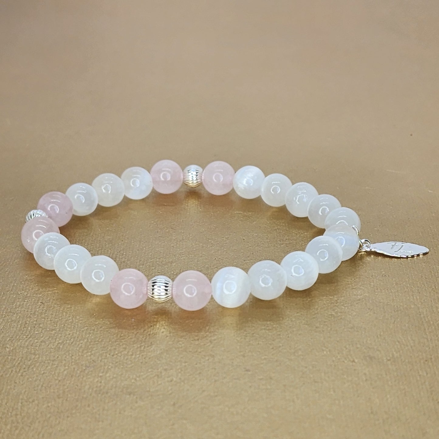 bracelet énergétique sélénite, argent 925, quartz rose