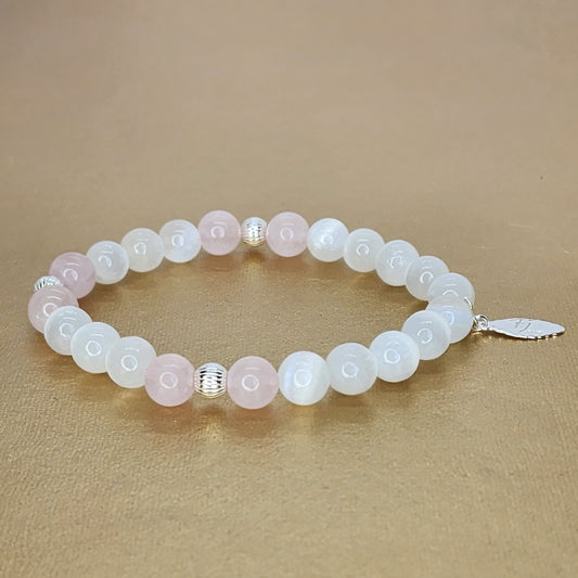bracelet énergétique sélénite, argent 925, quartz rose