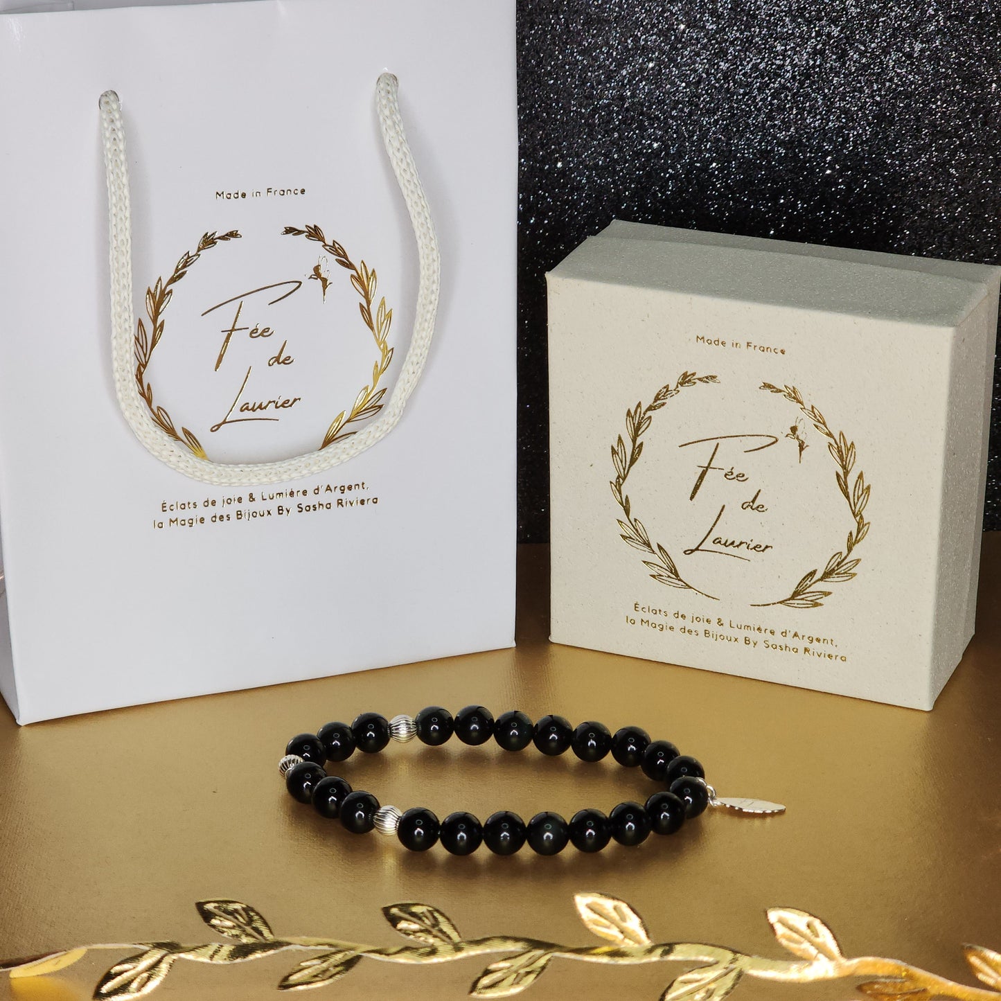 Bracelet Lumière et Protection - Obsidienne Dorée - Argent Fée de Laurier