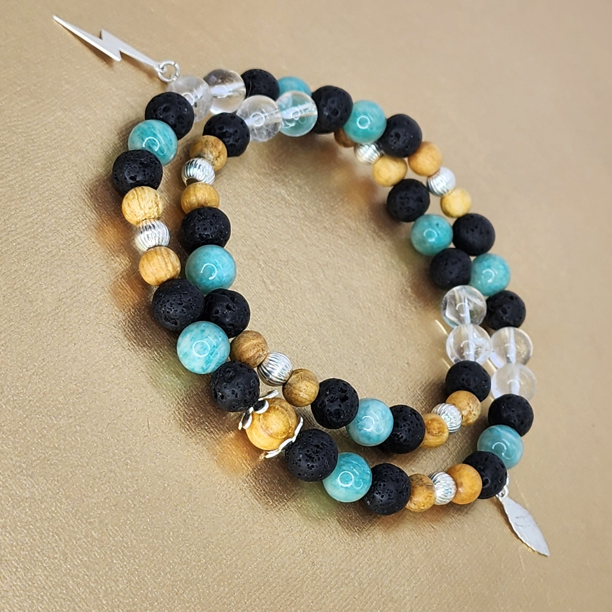 Bracelet Equilibre Energétique - Argent - Palo Santo - Amazonite - Lave & Cristal Fée de Laurier