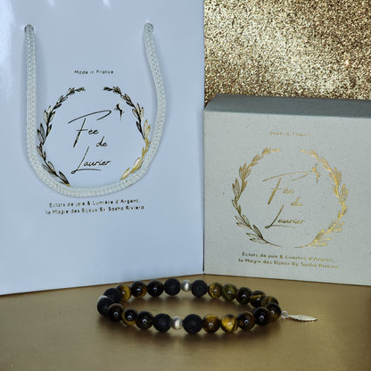 Bracelet Essence de Gaia – Œil de Tigre - Lave & Argent Fée de Laurier