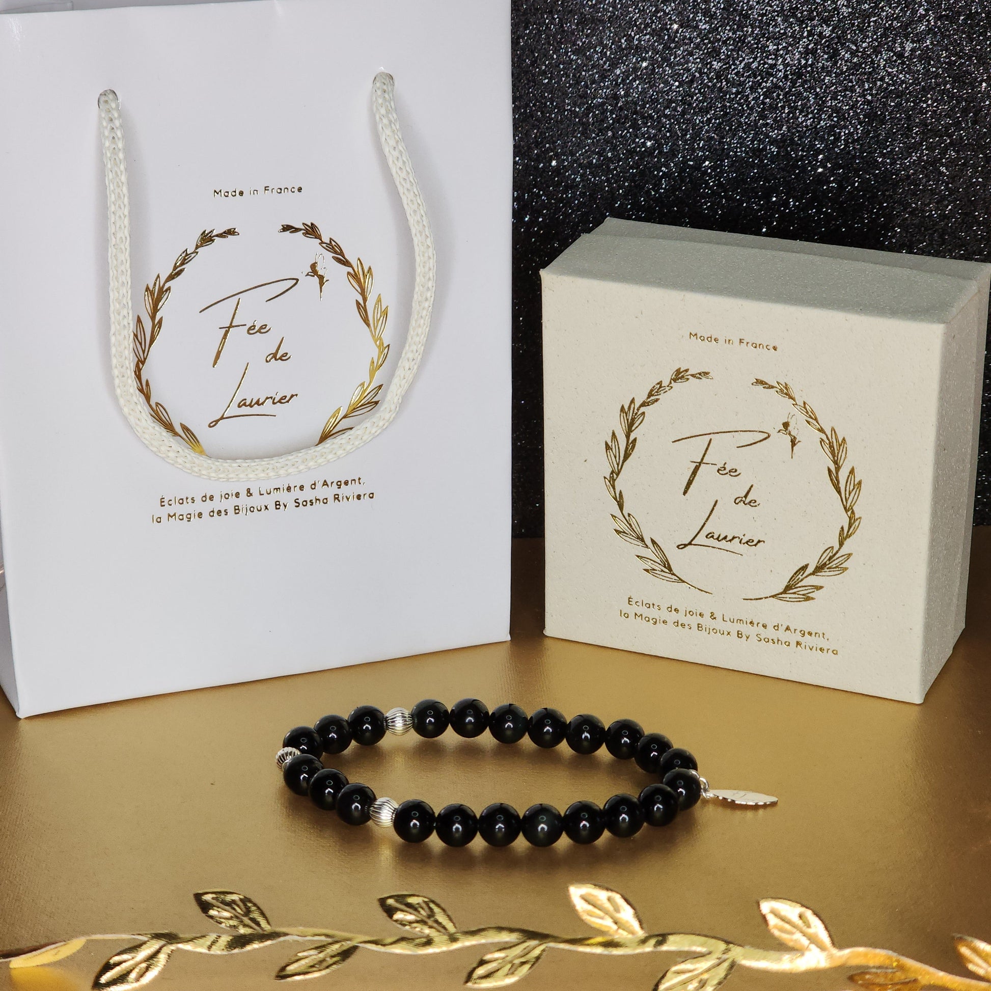 Bracelet Lumière et Protection - Obsidienne Dorée - Argent Fée de Laurier